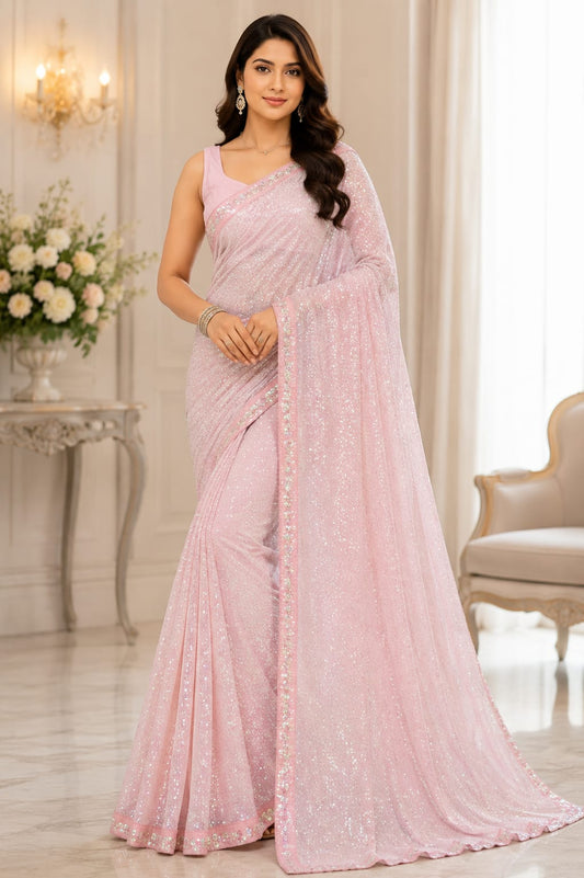 Faux Georgette Sequins Embroidered Saree with Silk Blouse