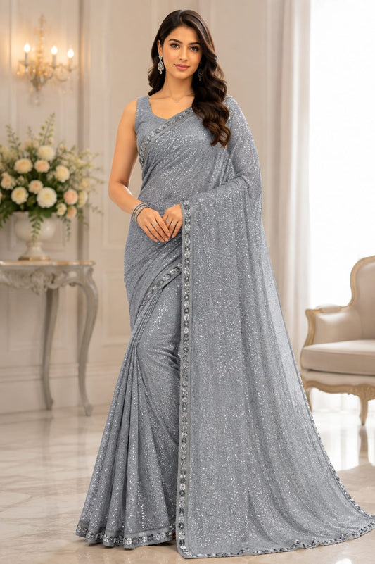 Faux Georgette Sequins Embroidered Saree with Silk Blouse