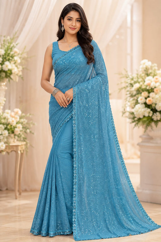 Faux Georgette Sequins Embroidered Saree with Silk Blouse