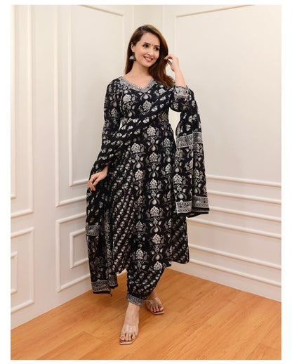 Flaired Cotton Kurta Set with Sanganeri Block Print & Adda Work