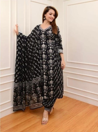 Flaired Cotton Kurta Set with Sanganeri Block Print & Adda Work