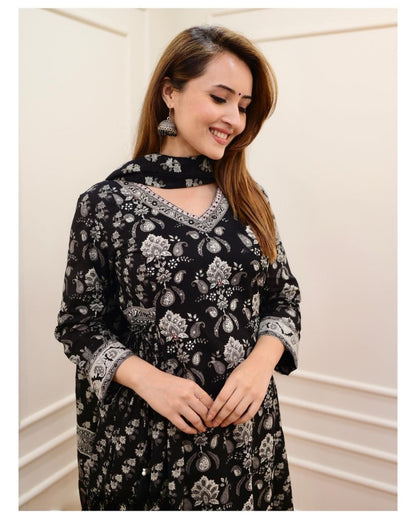 Flaired Cotton Kurta Set with Sanganeri Block Print & Adda Work