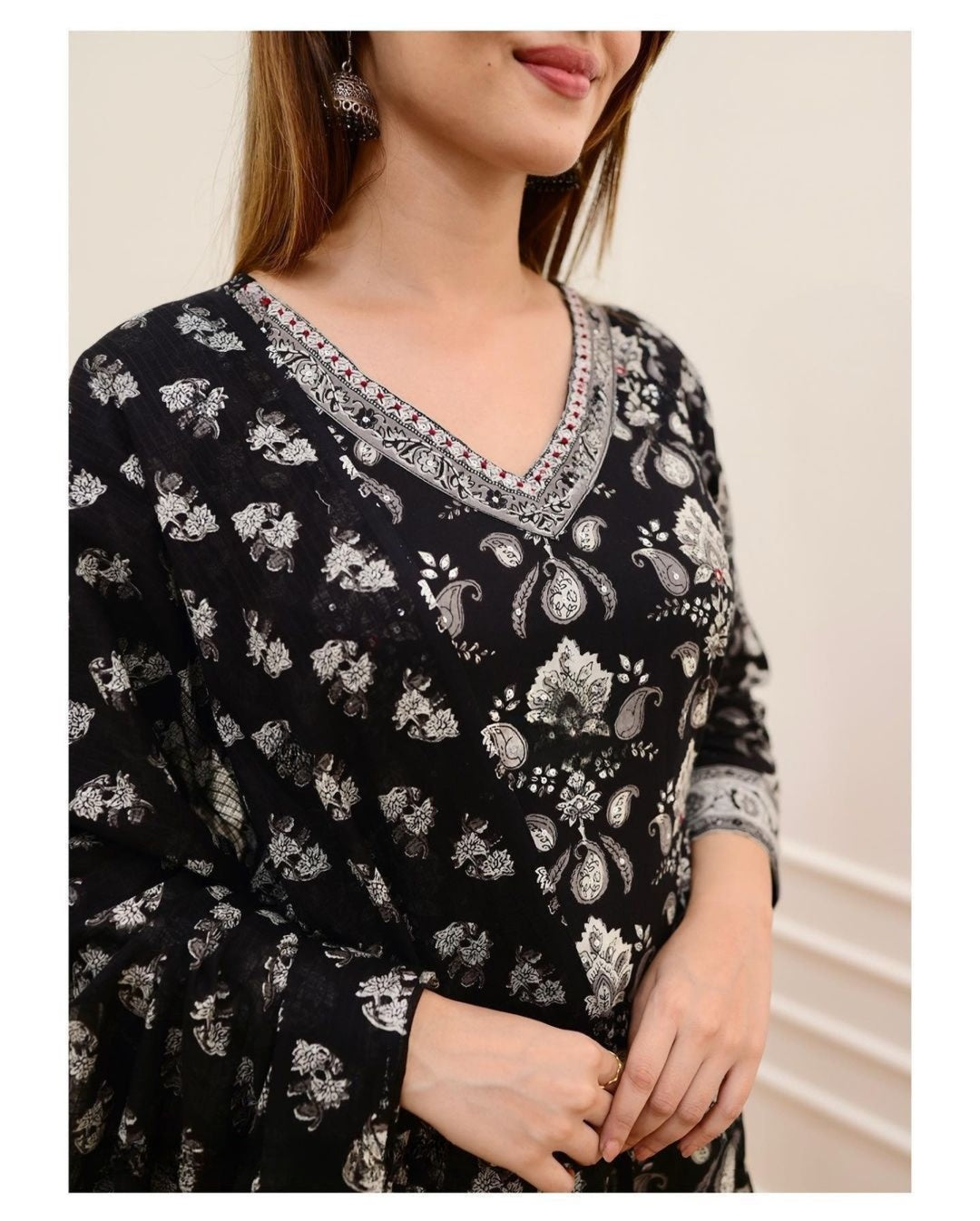 Flaired Cotton Kurta Set with Sanganeri Block Print & Adda Work