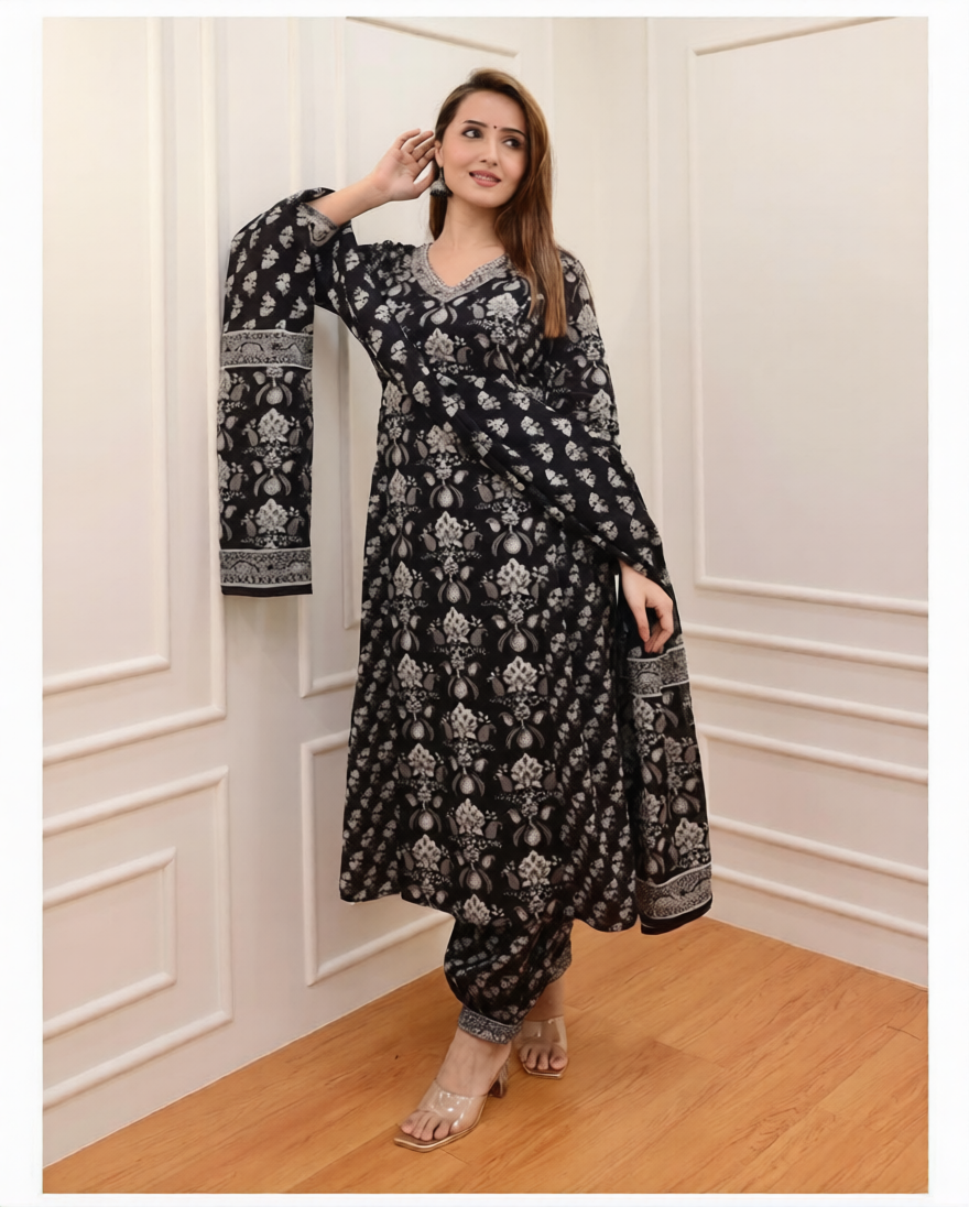 Flaired Cotton Kurta Set with Sanganeri Block Print & Adda Work