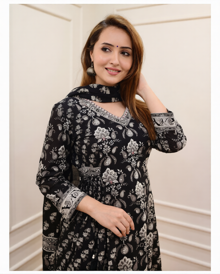 Flaired Cotton Kurta Set with Sanganeri Block Print & Adda Work