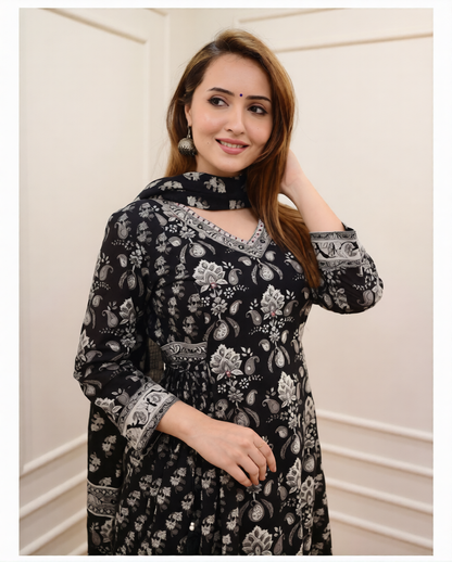 Flaired Cotton Kurta Set with Sanganeri Block Print & Adda Work