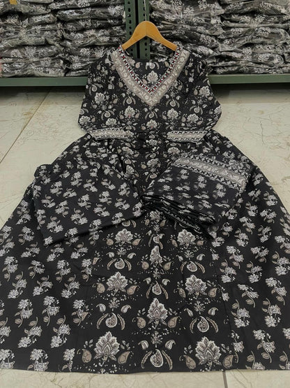 Flaired Cotton Kurta Set with Sanganeri Block Print & Adda Work