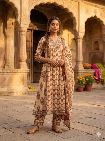 Flared A-Line Sanganeri Printed Cotton Suit Set