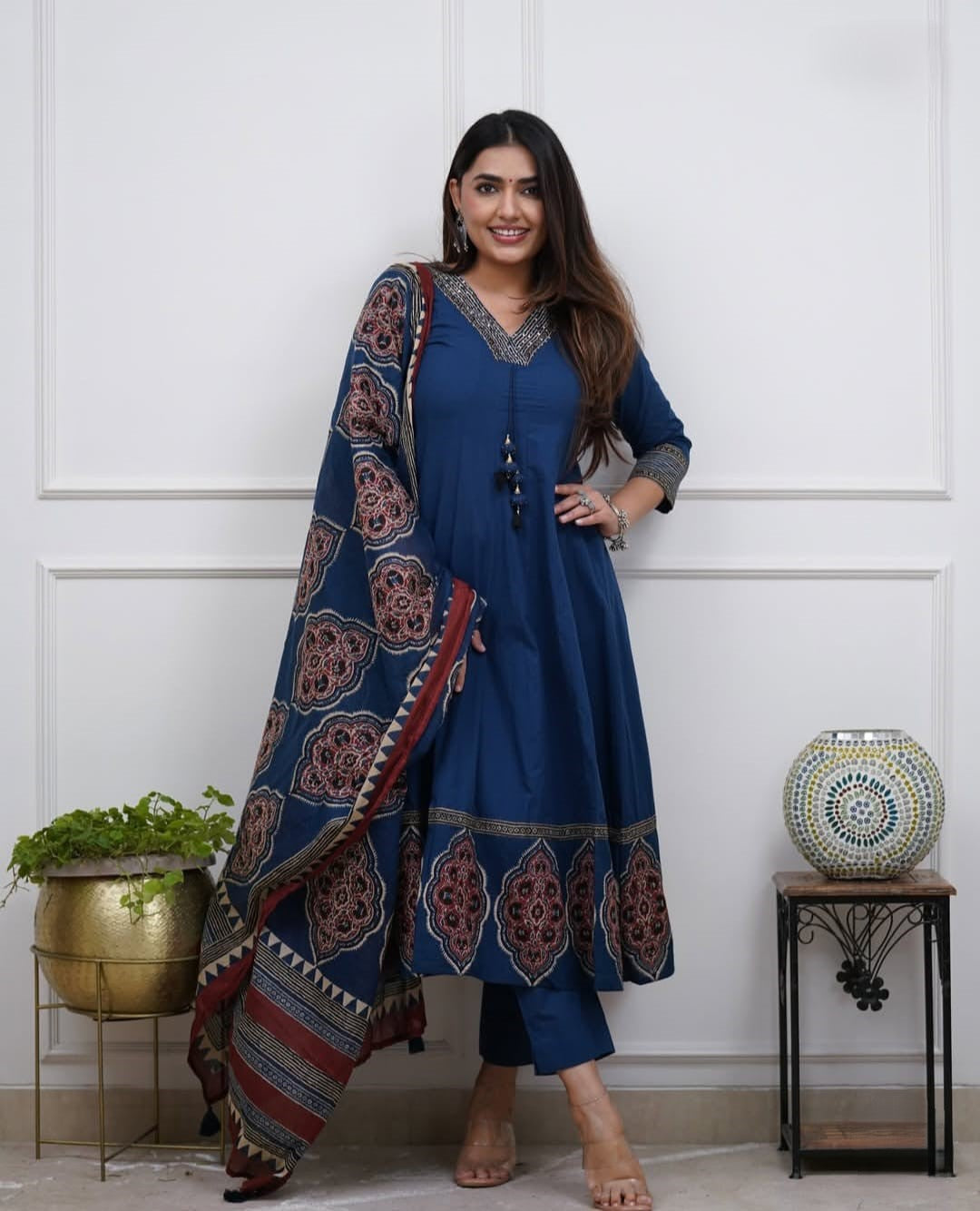 Flared Anarkali Cotton Kurti Set with Block Print Dupatta