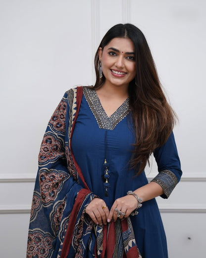Flared Anarkali Cotton Kurti Set with Block Print Dupatta