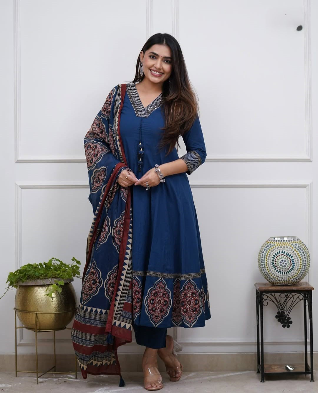 Flared Anarkali Cotton Kurti Set with Block Print Dupatta