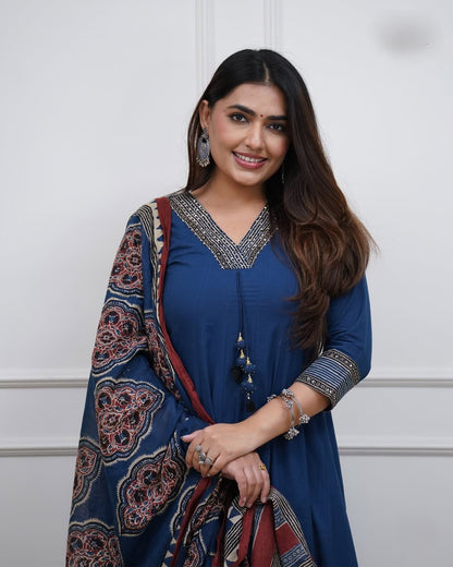 Flared Anarkali Cotton Kurti Set with Block Print Dupatta