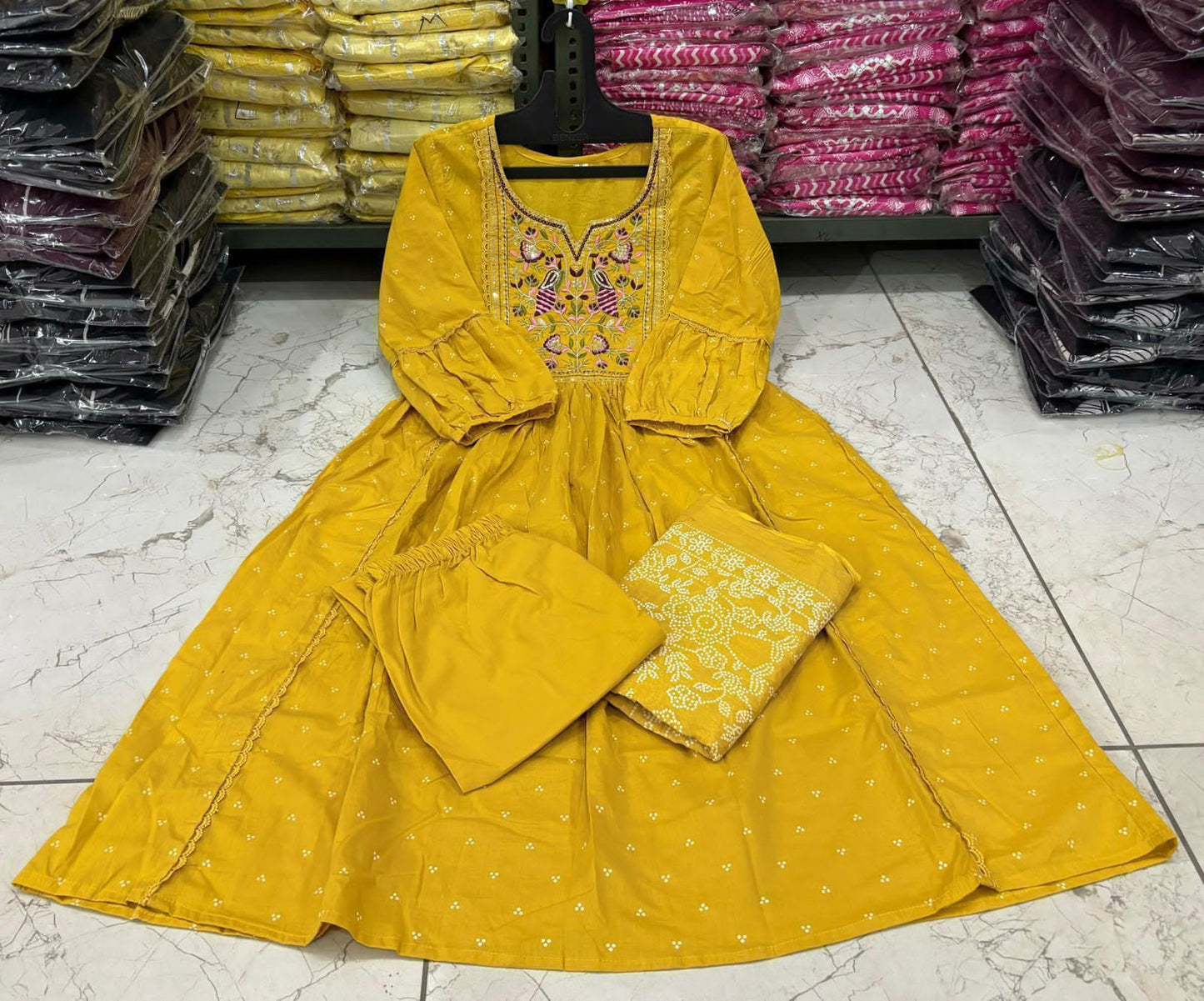 Flared Anarkali Cotton Suit with Pant & Malmal Dupatta