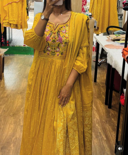 Flared Anarkali Cotton Suit with Pant & Malmal Dupatta