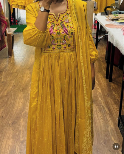 Flared Anarkali Cotton Suit with Pant & Malmal Dupatta