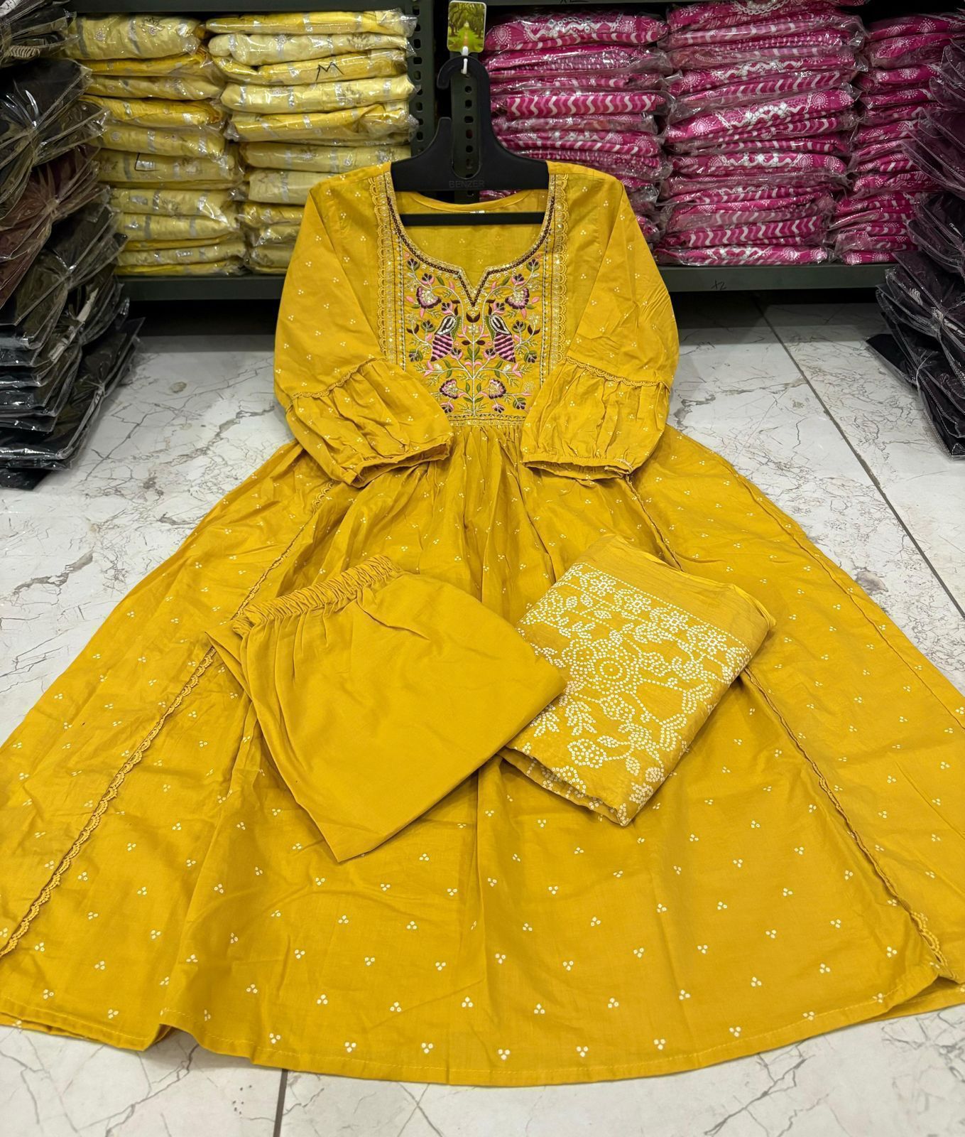 Flared Anarkali Kurta Set with Cotton Pant & Malmal Dupatta – Embroidered