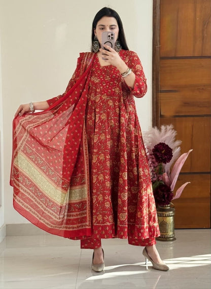 Flared Anarkali Printed Cotton Kurta Pant Dupatta Set with Lace Work
