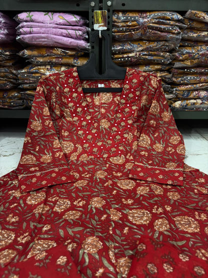 Flared Anarkali Printed Cotton Kurta Pant Dupatta Set with Lace Work