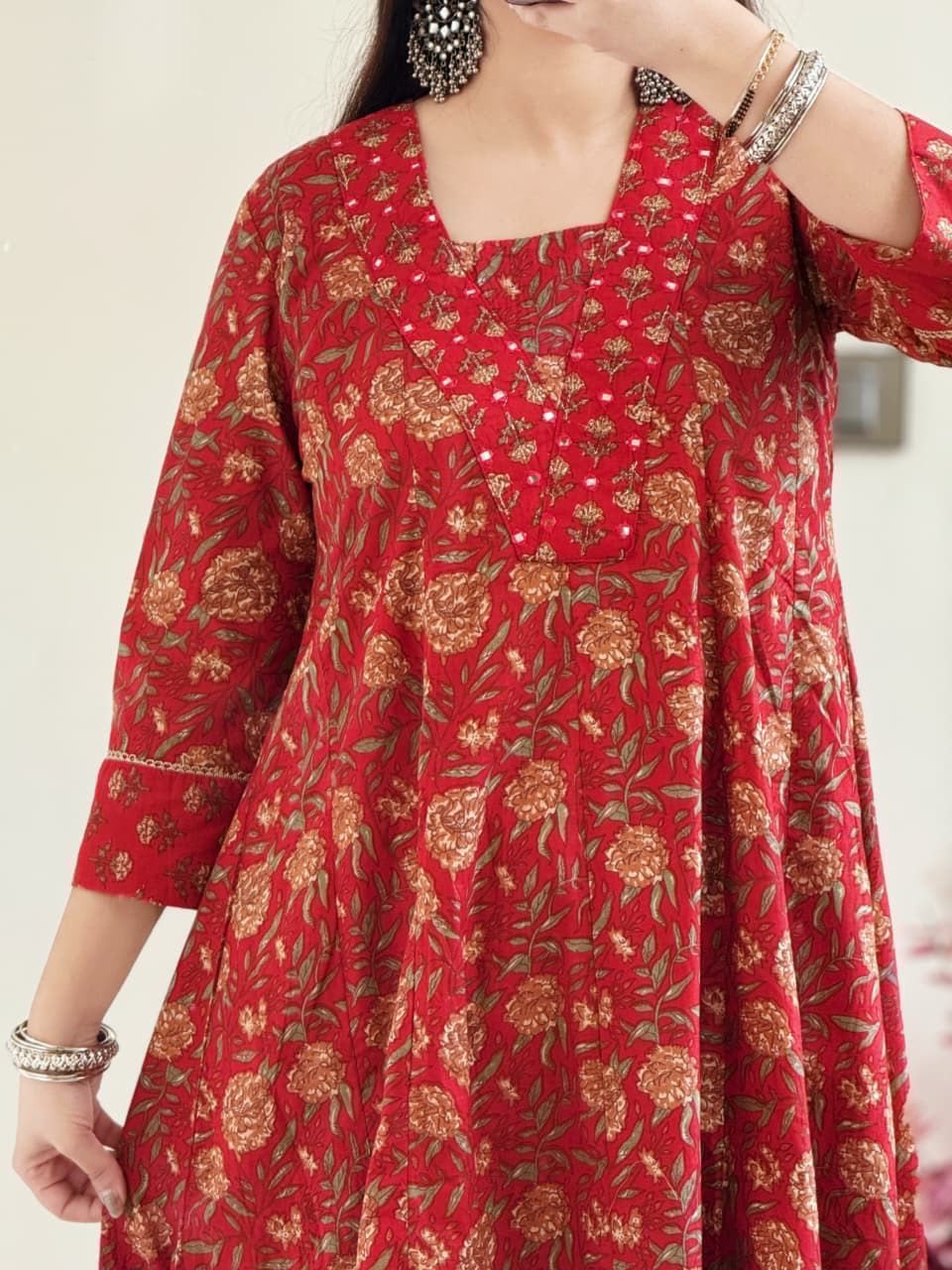 Flared Anarkali Printed Cotton Kurta Pant Dupatta Set with Lace Work