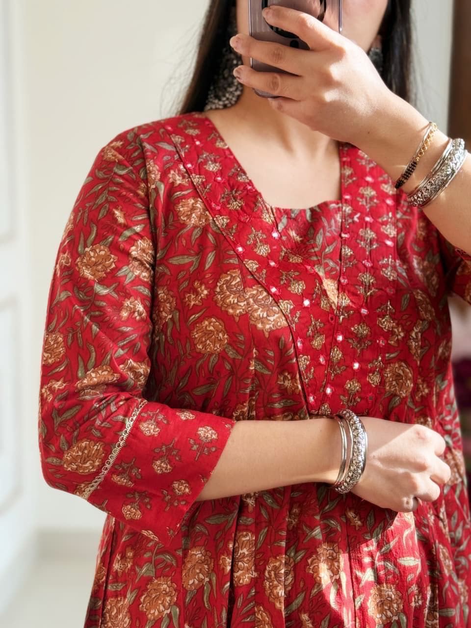 Flared Anarkali Printed Cotton Kurta Pant Dupatta Set with Lace Work