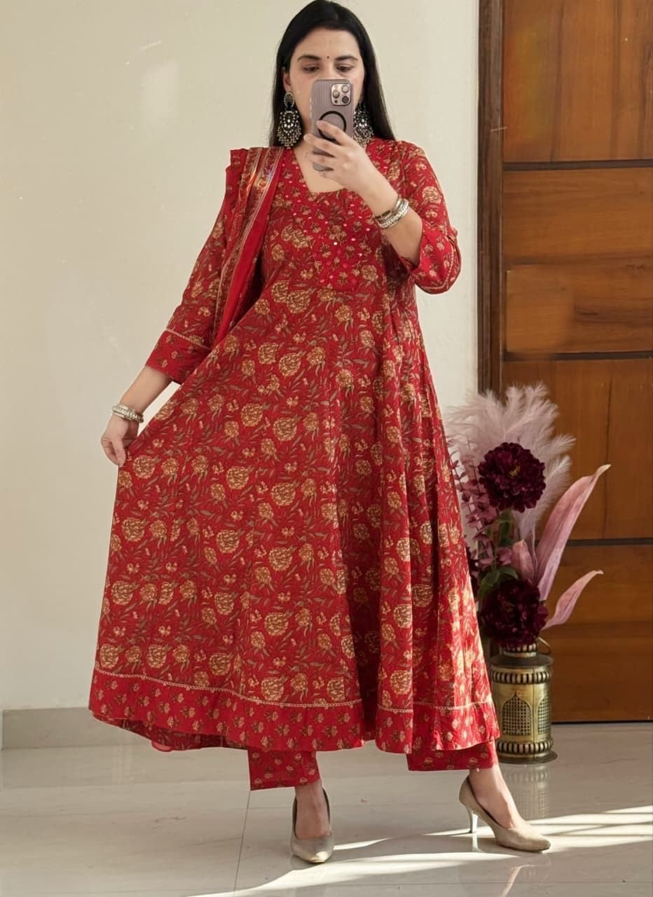Flared Anarkali Printed Cotton Kurta Pant Dupatta Set with Lace Work