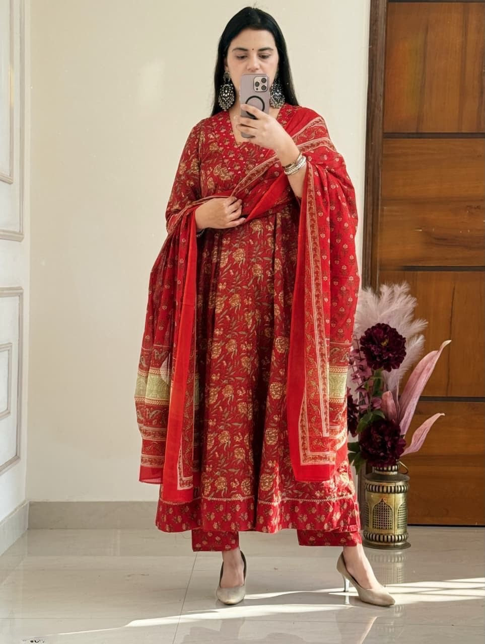 Flared Anarkali Printed Cotton Kurta Pant Dupatta Set with Lace Work