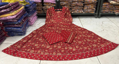 Flared Anarkali Printed Cotton Kurta Pant Dupatta Set with Lace Work