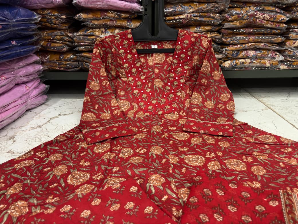 Flared Anarkali Printed Cotton Kurta Pant Dupatta Set with Lace Work