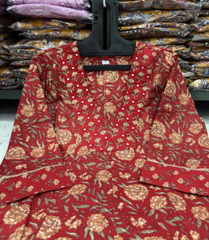Flared Anarkali Printed Cotton Kurta Pant Dupatta Set with Lace Work