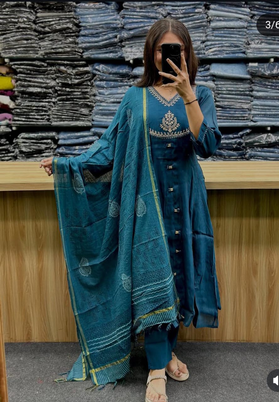 Flared Cotton Anarkali Kurta Set with Chanderi Block Dupatta