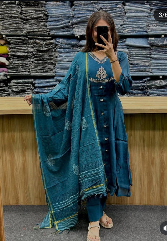 Flared Cotton Anarkali Kurta Set with Chanderi Block Dupatta