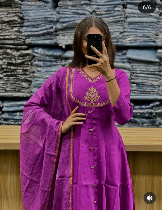 Flared Cotton Anarkali Kurta Set with Chanderi Block Dupatta