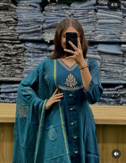 Flared Cotton Anarkali Kurta Set with Chanderi Block Dupatta