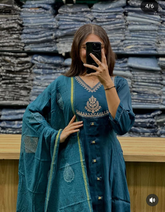 Flared Cotton Anarkali Kurta Set with Chanderi Block Dupatta