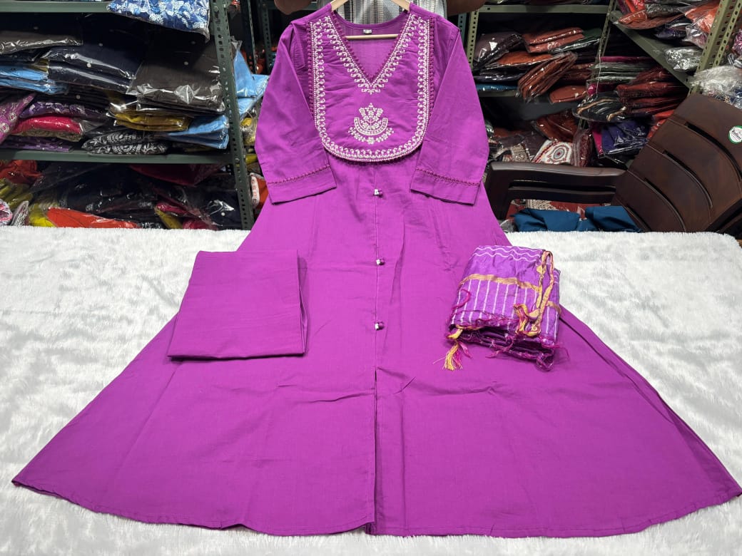 Flared Cotton Anarkali Kurta Set with Chanderi Block Dupatta