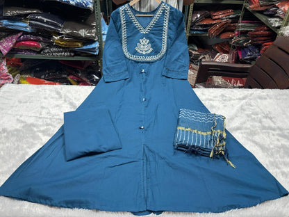 Flared Cotton Anarkali Kurta Set with Chanderi Block Dupatta