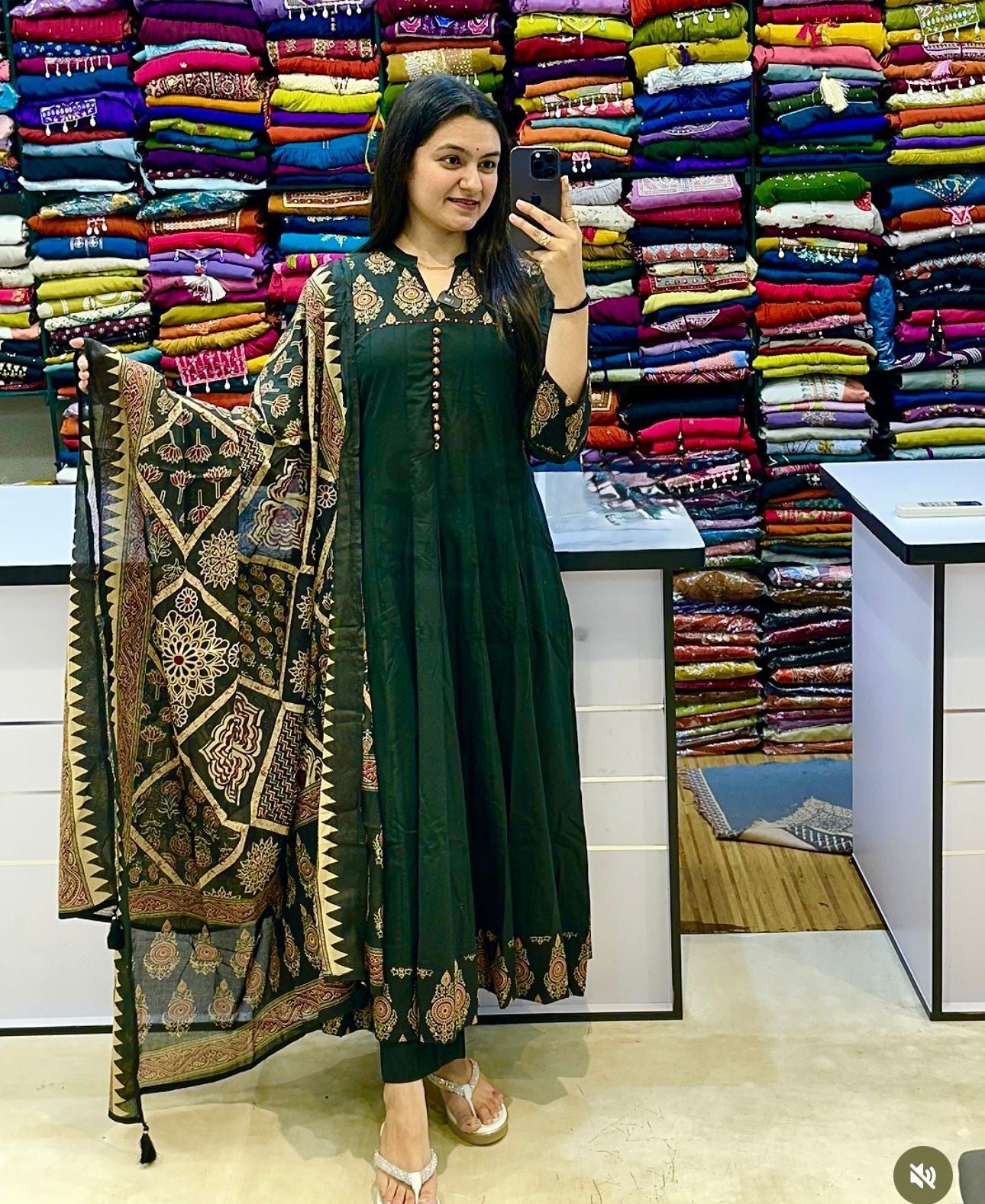 Flared Cotton Anarkali Kurta Set with Kantha Work & Dupatta