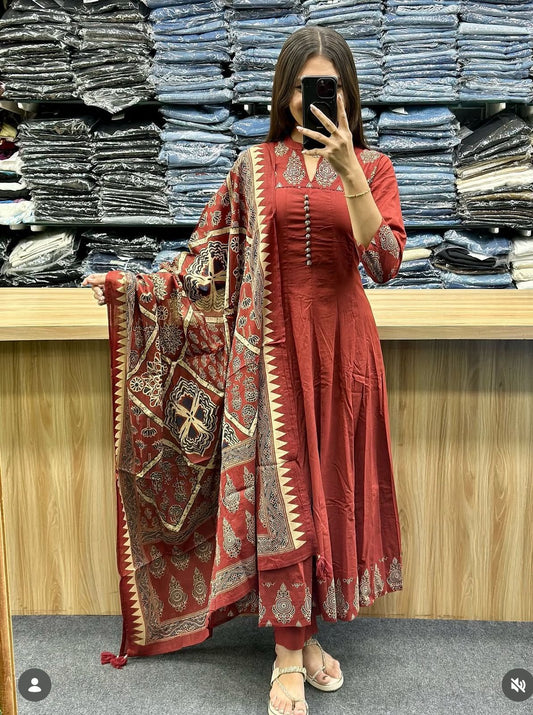 Flared Cotton Anarkali Kurta Set with Kantha Work & Dupatta