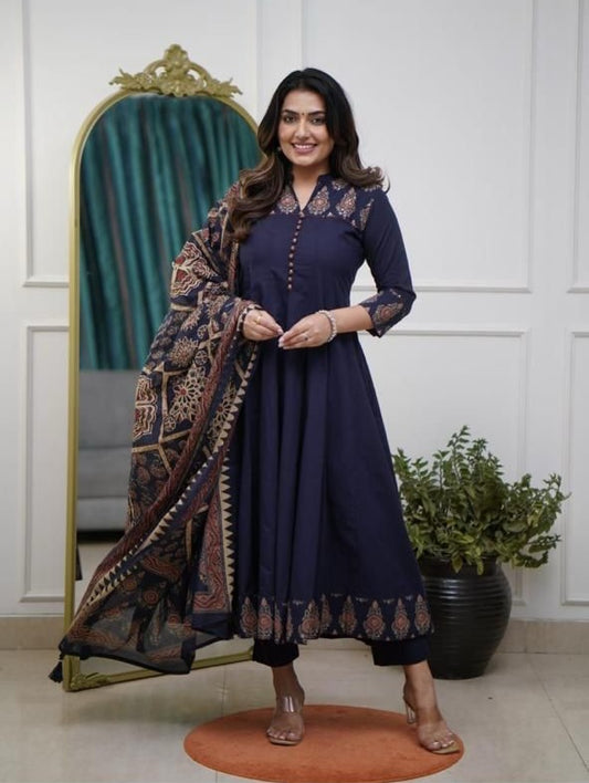 Flared Cotton Anarkali Kurta Set with Kantha Work & Dupatta