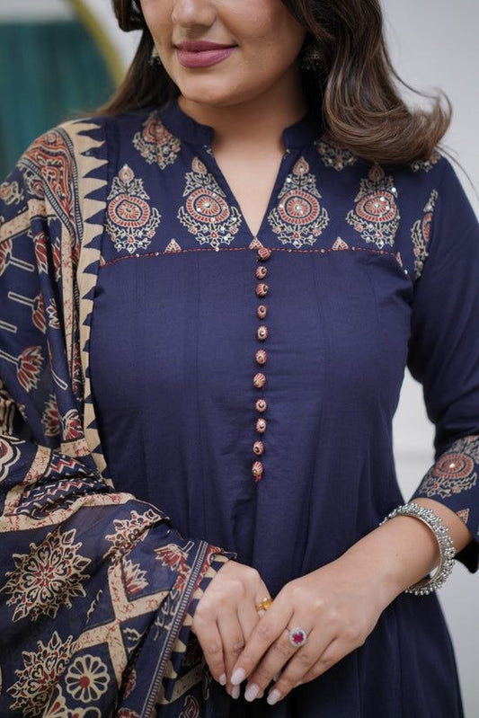 Flared Cotton Anarkali Kurta Set with Kantha Work & Dupatta