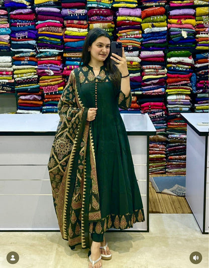 Flared Cotton Anarkali Kurta Set with Kantha Work & Dupatta