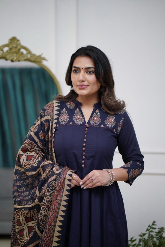 Flared Cotton Anarkali Kurta Set with Kantha Work & Dupatta