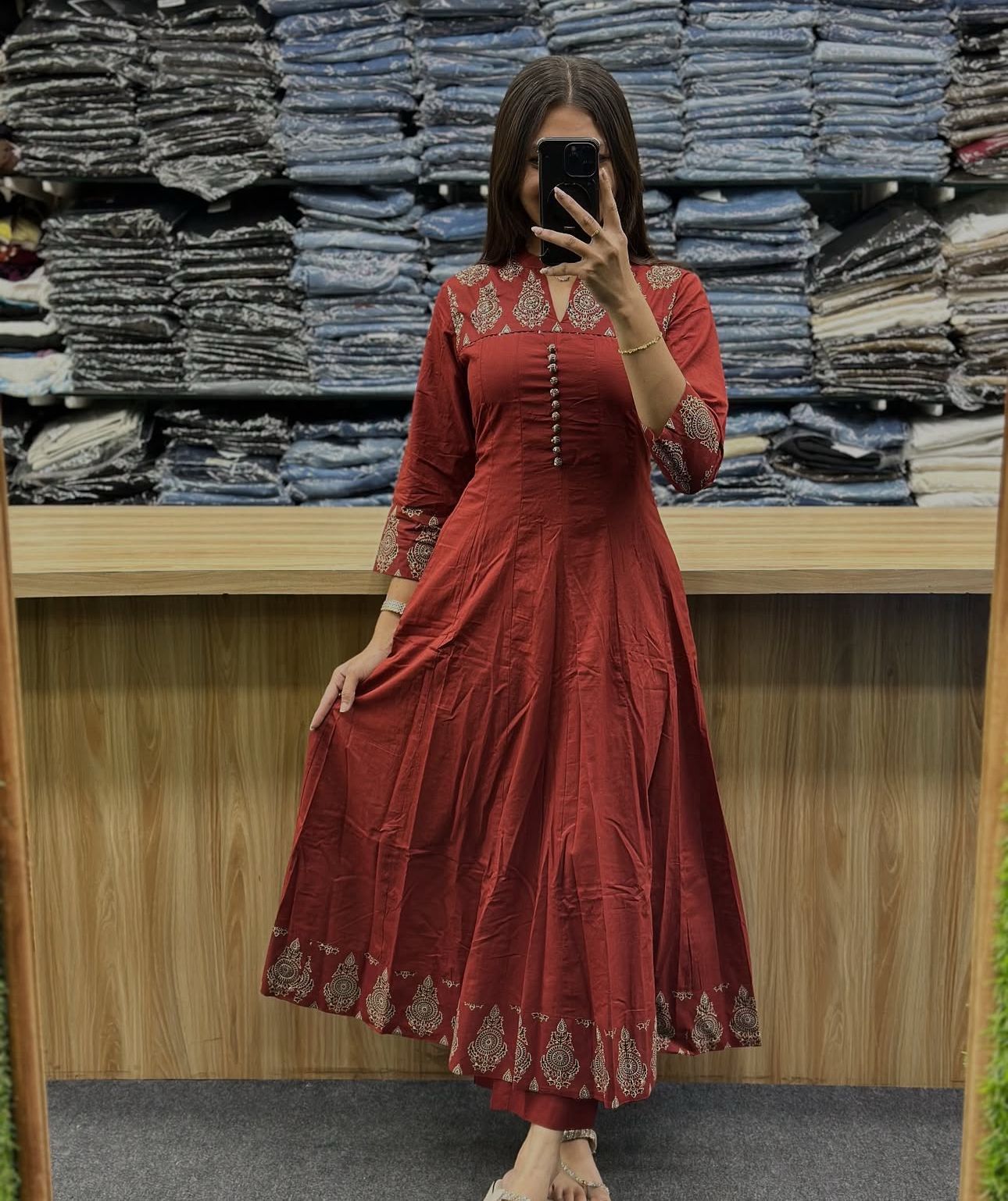 Flared Cotton Anarkali Kurta Set with Kantha Work & Dupatta