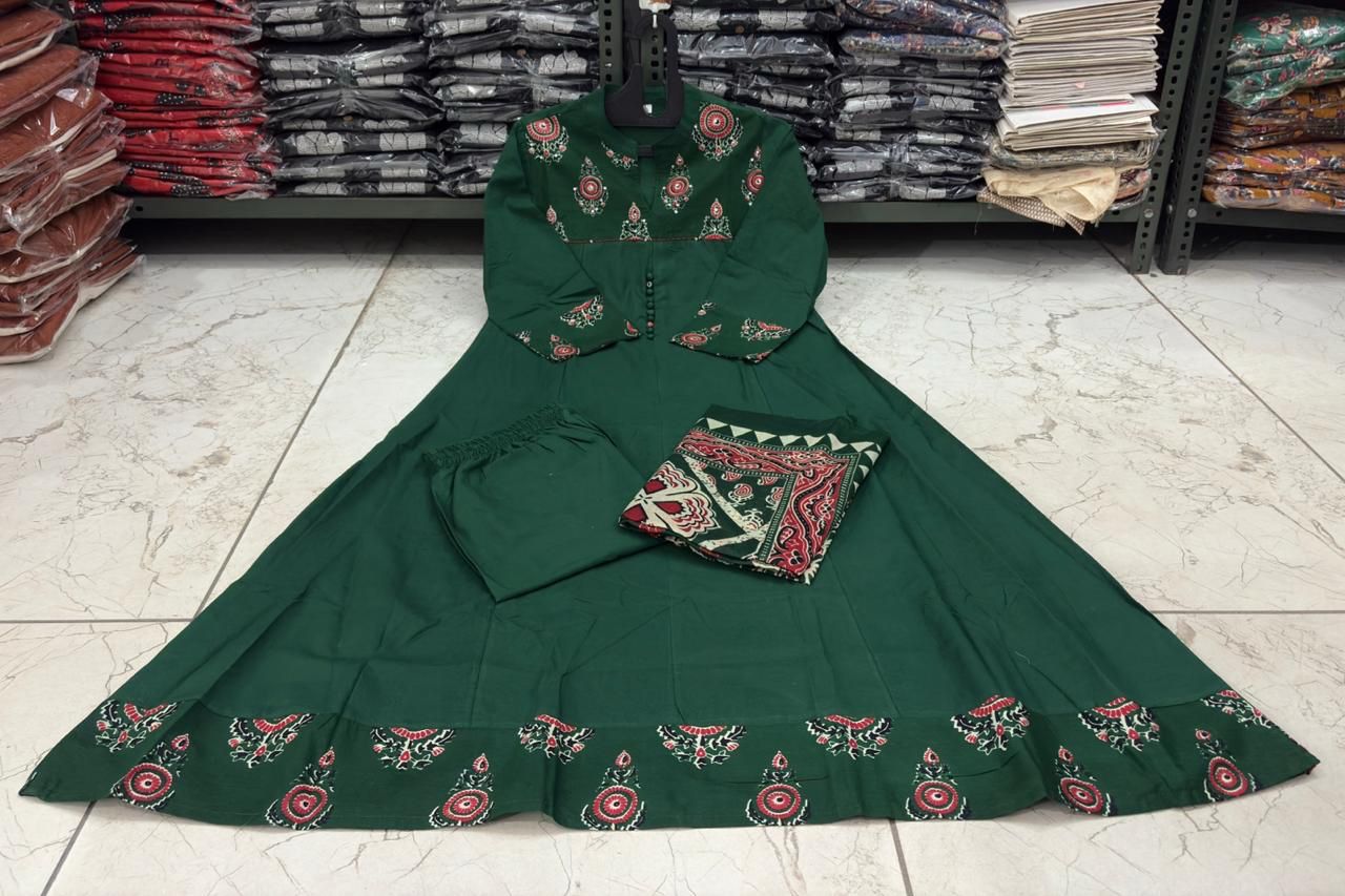 Flared Cotton Anarkali Kurta Set with Kantha Work & Dupatta