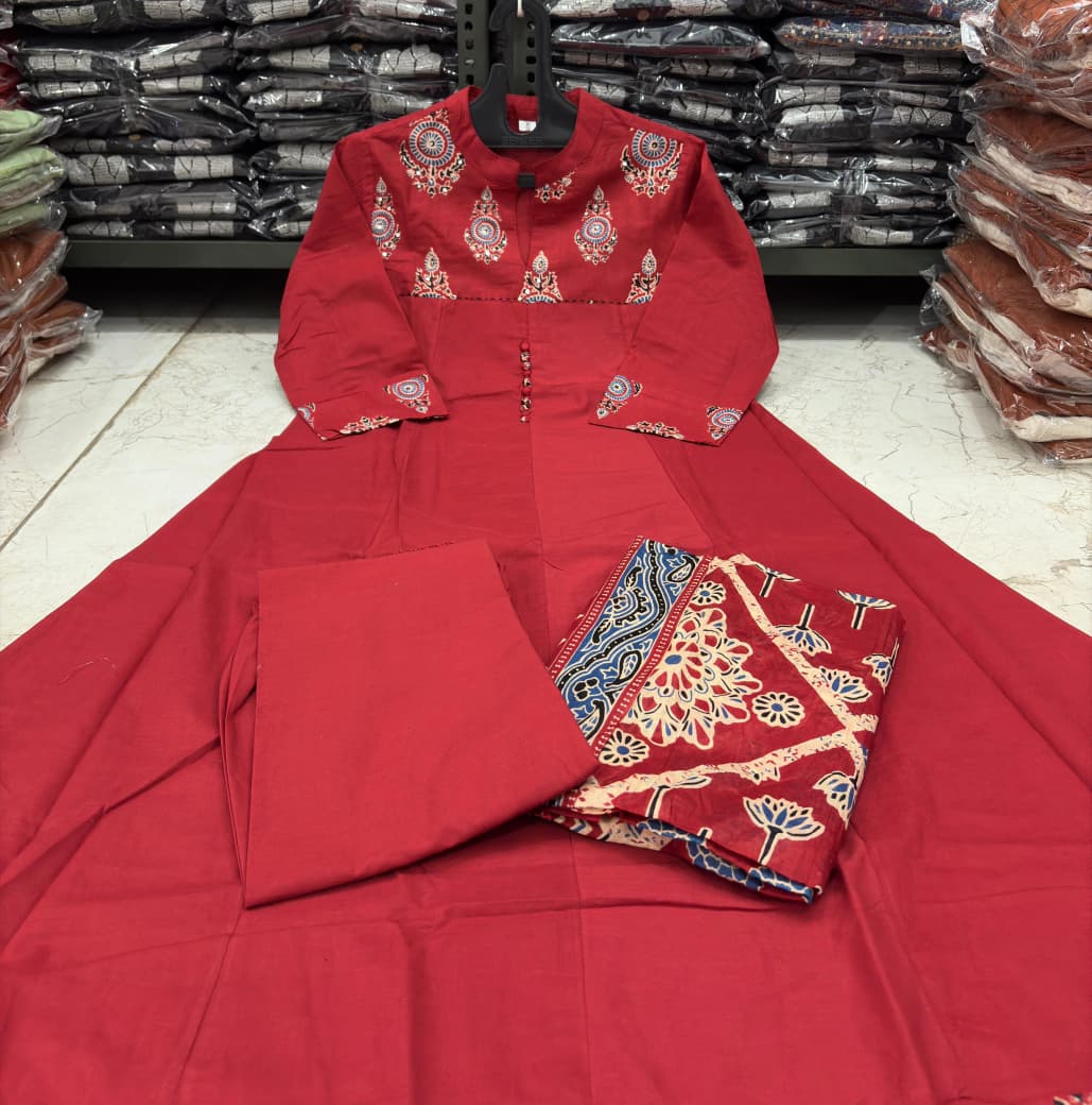 Flared Cotton Anarkali Kurta Set with Kantha Work & Dupatta