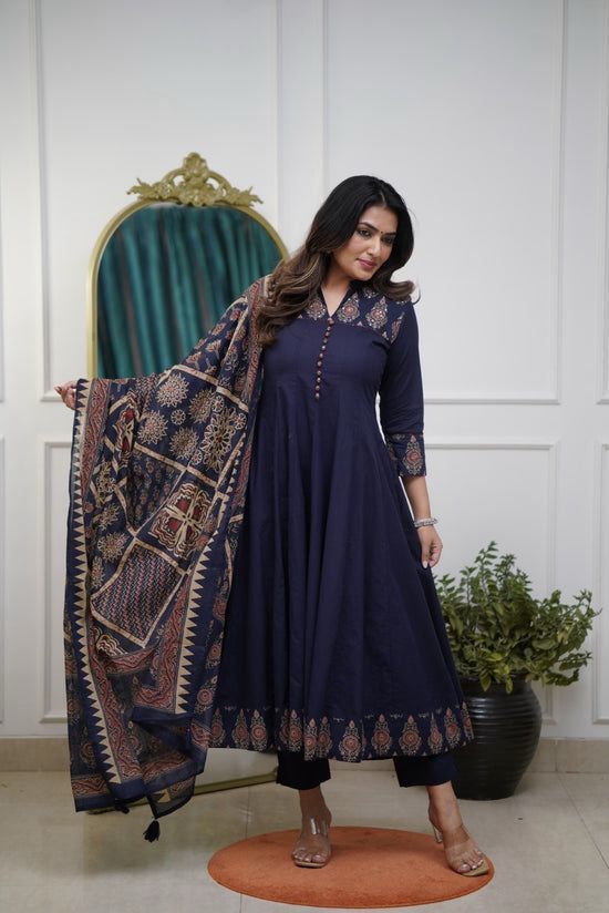 Flared Cotton Anarkali Kurta Set with Kantha Work & Dupatta