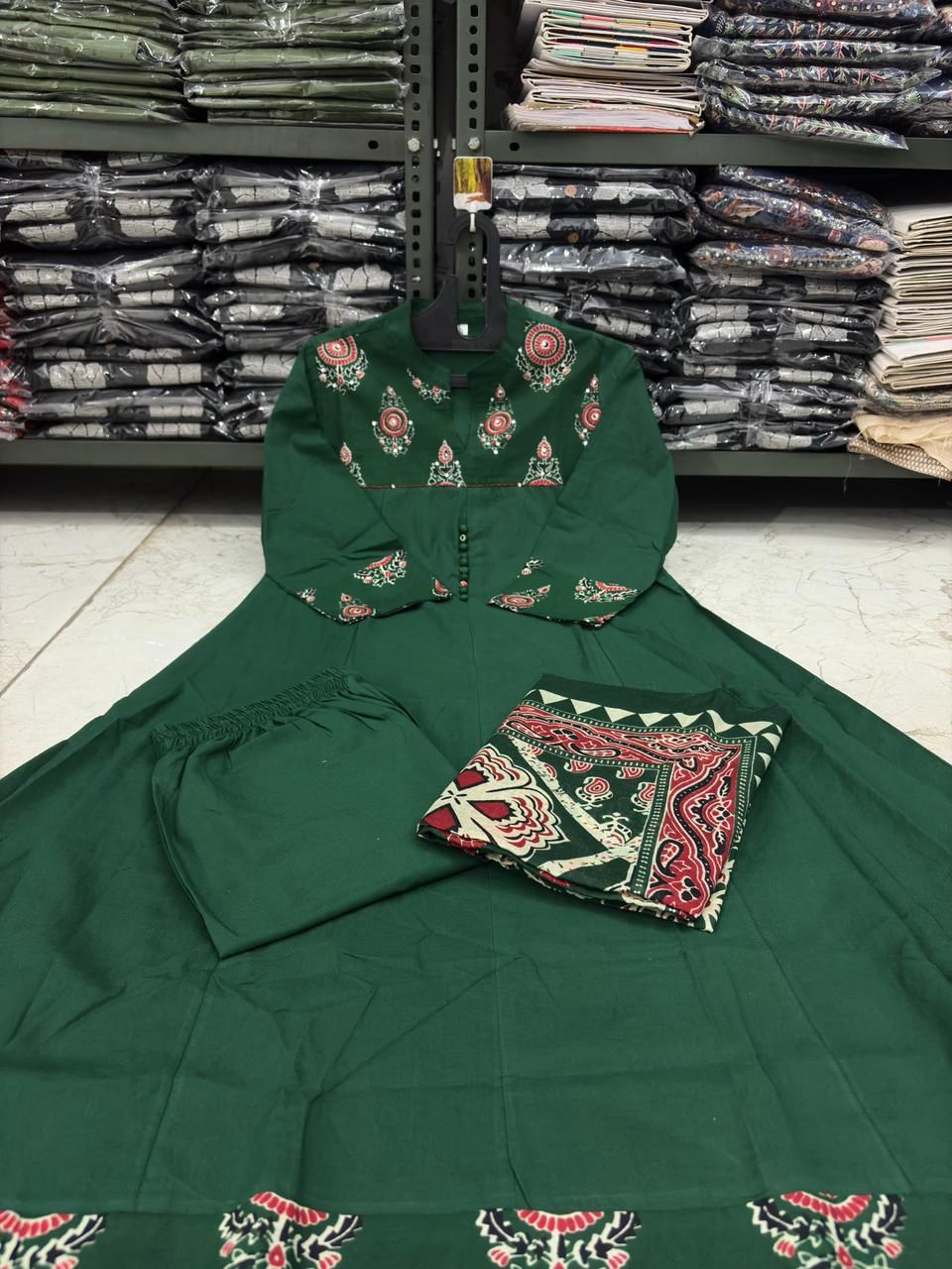 Flared Cotton Anarkali Kurta Set with Kantha Work & Dupatta