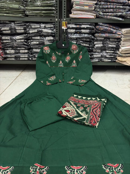 Flared Cotton Anarkali Kurta Set with Kantha Work & Dupatta
