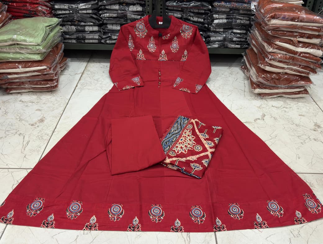 Flared Cotton Anarkali Kurta Set with Kantha Work & Dupatta
