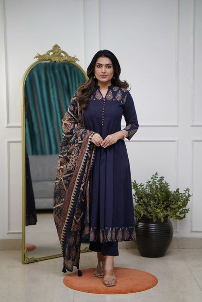 Flared Cotton Anarkali Kurta Set with Kantha Work & Dupatta